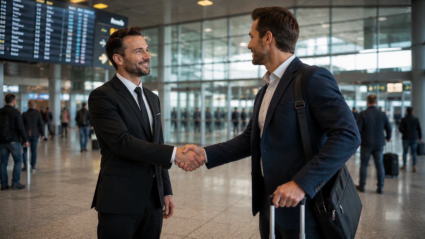 Podání ruky obchodních partnerů na letištním terminálu